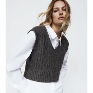 Zara Cable Knit Oversized Sweater Vest Medium Gray Blogger Favorite Wool Blend